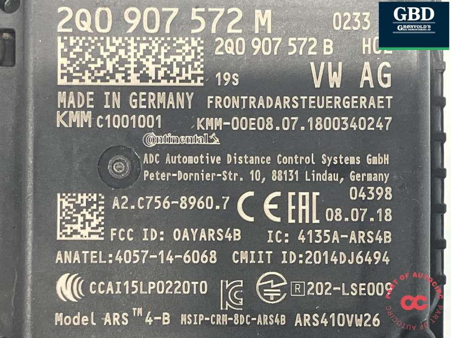 Sensor radar til VW T-Roc 2017-->> (CONTINENTAL|2Q0 907 561 K|2Q0 907 572 M|)