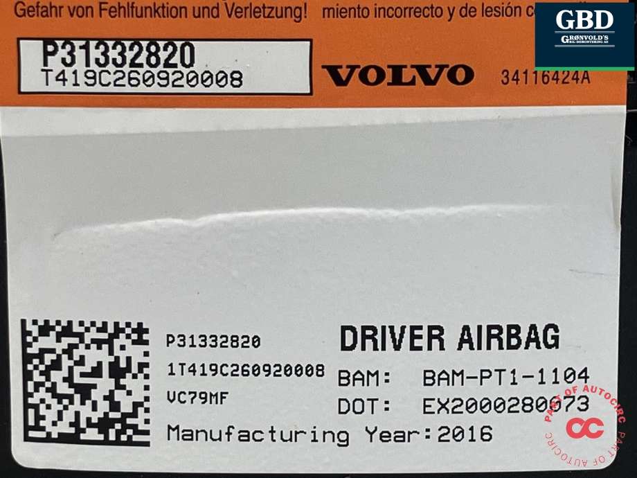 Airbag rattpute til Volvo XC70 2014-2016 (Type II, Fase 2) (|31332820|34116424A)