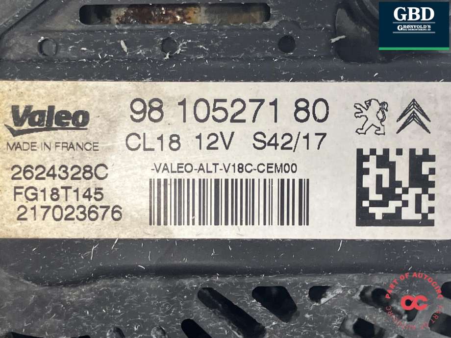 Dynamo diesel til Peugeot Expert 2016-->> (Type III)  (VALEO|98 105 271 80|FG18T145|)