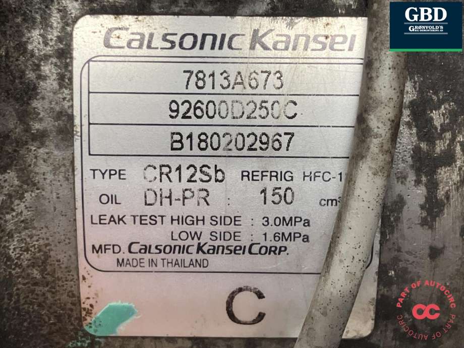Aircondition kompressor til Mitsubishi L200 2015-2019 (Type V, Fase 1)  (CALSONIC KANSEI|7813A673|92600D250C|B180202967)