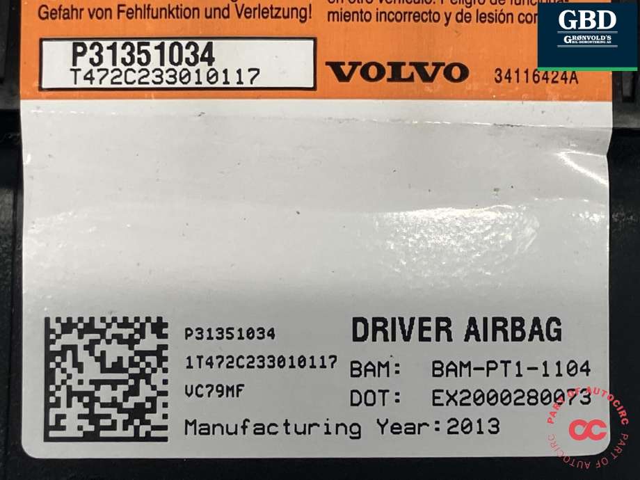 Airbag rattpute til Volvo V60 2010-2013 (Type I, Fase 1) (|31351034|34116424)