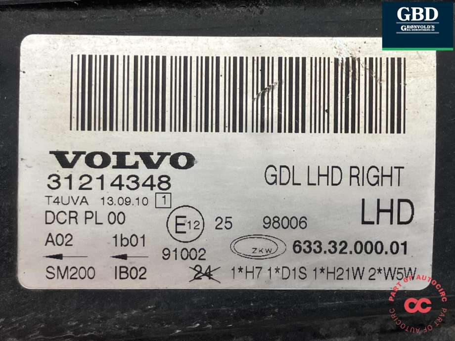 Frontlykt høyre xenon til Volvo V70 2007-2013 (Type III, Fase 1)  (31214416|31214348|633.32.000.01)