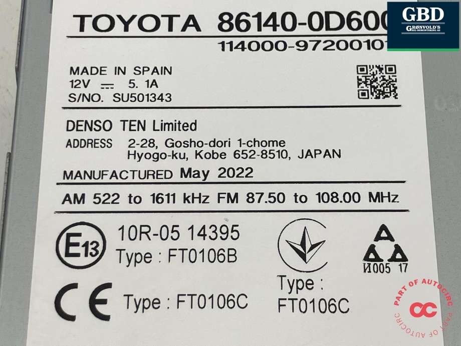 Bilstereo navigasjon til Toyota Yaris 2020-->> (Type IV) (DENSO||86140-0D600|114000-97200101)
