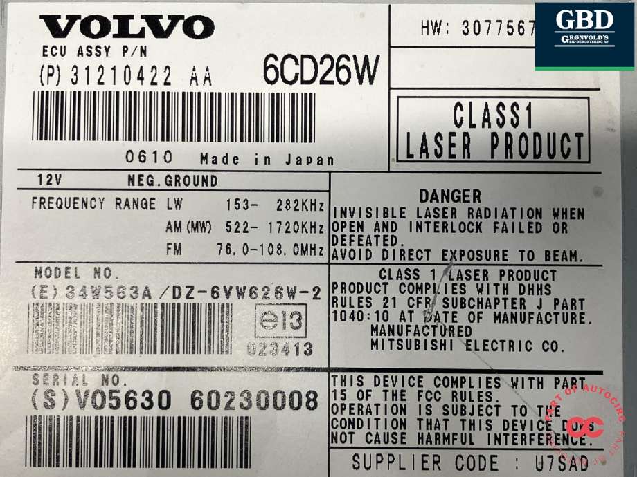 Bilstereo til Volvo XC90 2002-2006 (Type I, Fase 1)  (MITSUBISHI|36050348|31210422|6CD26W)