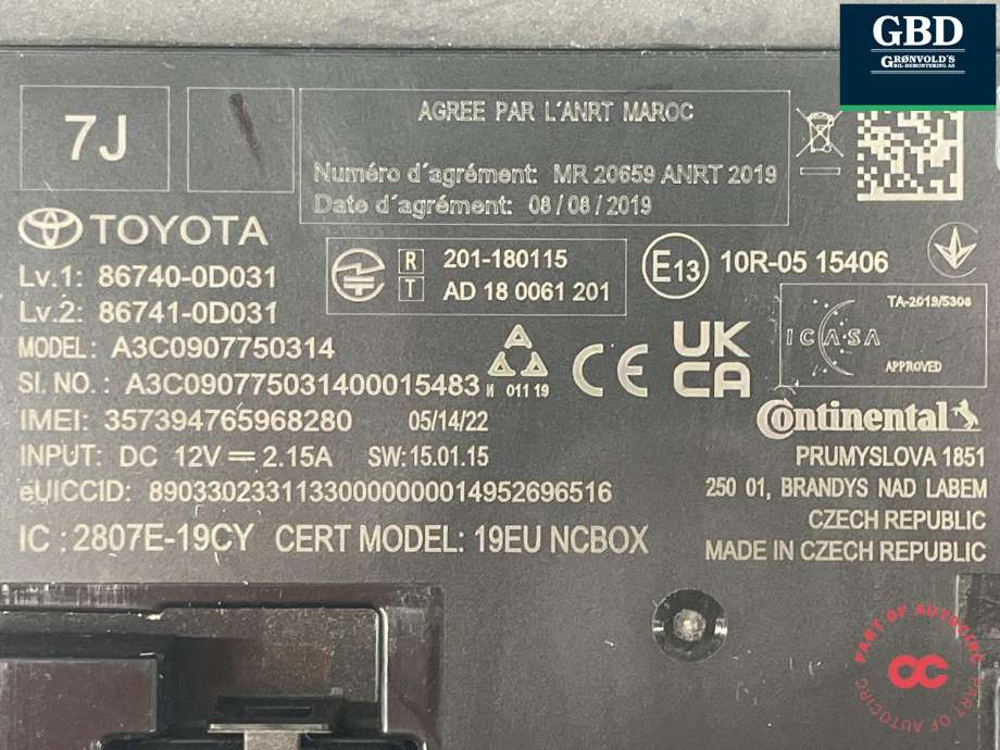 Styreenhet diverse til Toyota Yaris 2020-->> (Type IV)  (CONTINENTAL||86740-0D031|86741-0D031)