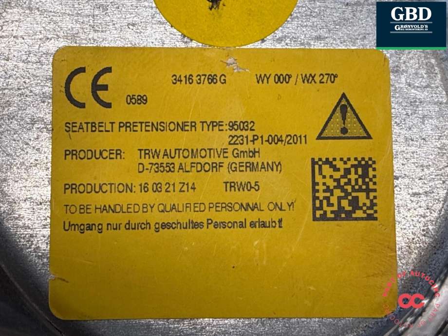 Sikkerhetsbelte bak høyre til VW Passat 2015-2019 (Fase 1) (B8) (B8) (3G9 857 806 N RAA|3G9 857 806 G RAA|)