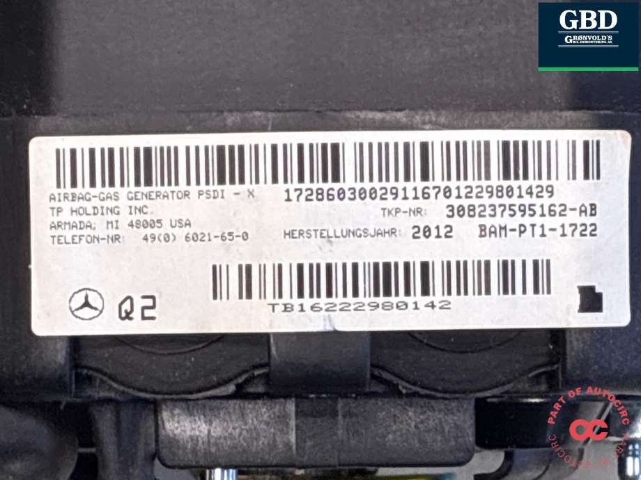 Airbag rattpute til Mercedes CLA 2013-2019 (C117) (C117) (A 000 860 61 03 9116|TB16222980142|308237595162-AB)
