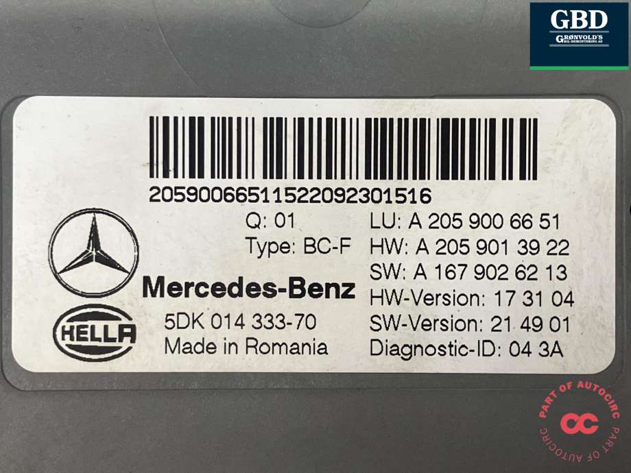 Styreenhet (SAM - Signal Acquisition Module) til Mercedes EQC 2019-->> (HELLA|A 205 900 66 51|A 205 901 39 22|5DK 014 333-70)