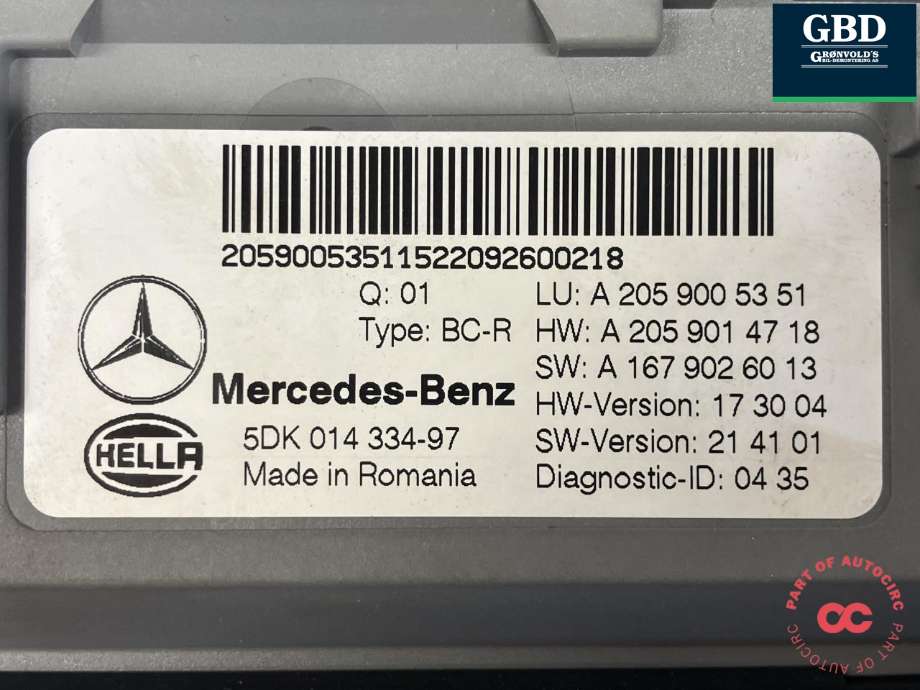 Styreenhet (SAM - Signal Acquisition Module) til Mercedes EQC 2019-->>  (HELLA|A 205 900 53 51|A 205 901 47 18|5DK 014 334-97)