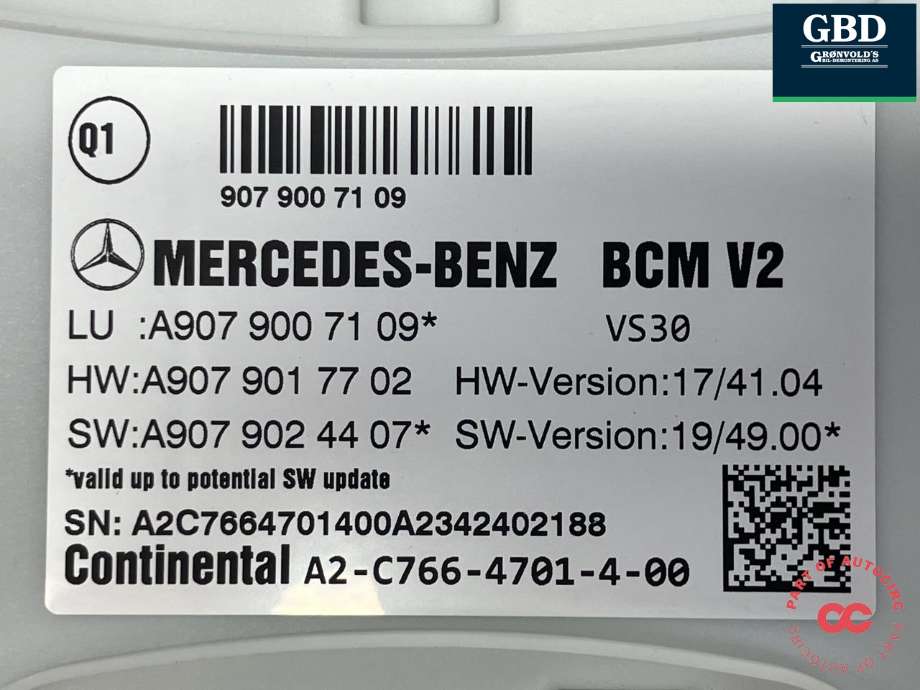 Styreenhet comfort (BCM) til Mercedes Sprinter 2018-->> (907/910) (907/910) (CONTINENTAL||A 907 900 71 09|A 907 901 77 02)