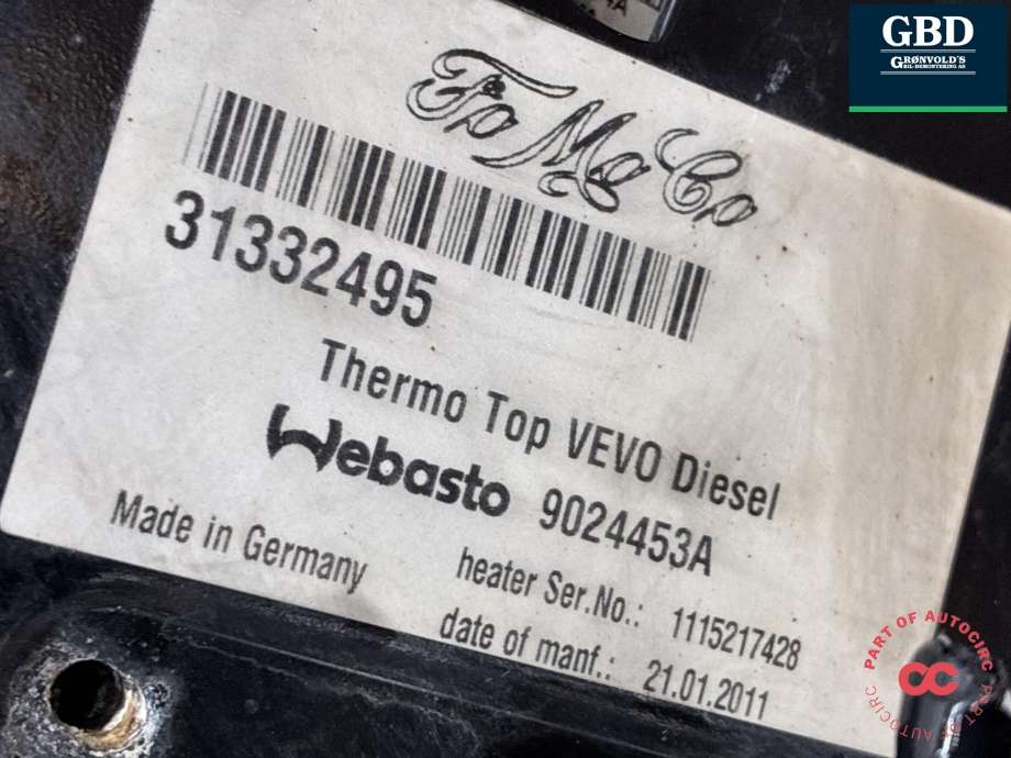Dieselvarmer til Volvo XC60 2008-2013 (Type I, Fase 1)  (31497380|31332495|)