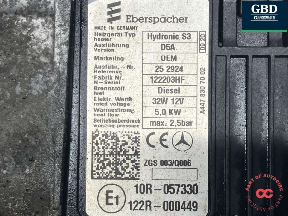 Dieselvarmer til Mercedes Vito 2014-->> (W447) (W447) (EBERSPACHER|A 253 500 54 00|A 447 830 70 02|25 2924)