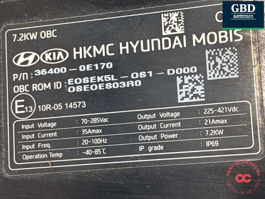 Batterilader (OBC - On Board Charger) til Hyundai Kona 2017-2021 (Type I, Fase 1) (364000E170|36400-0E170|)