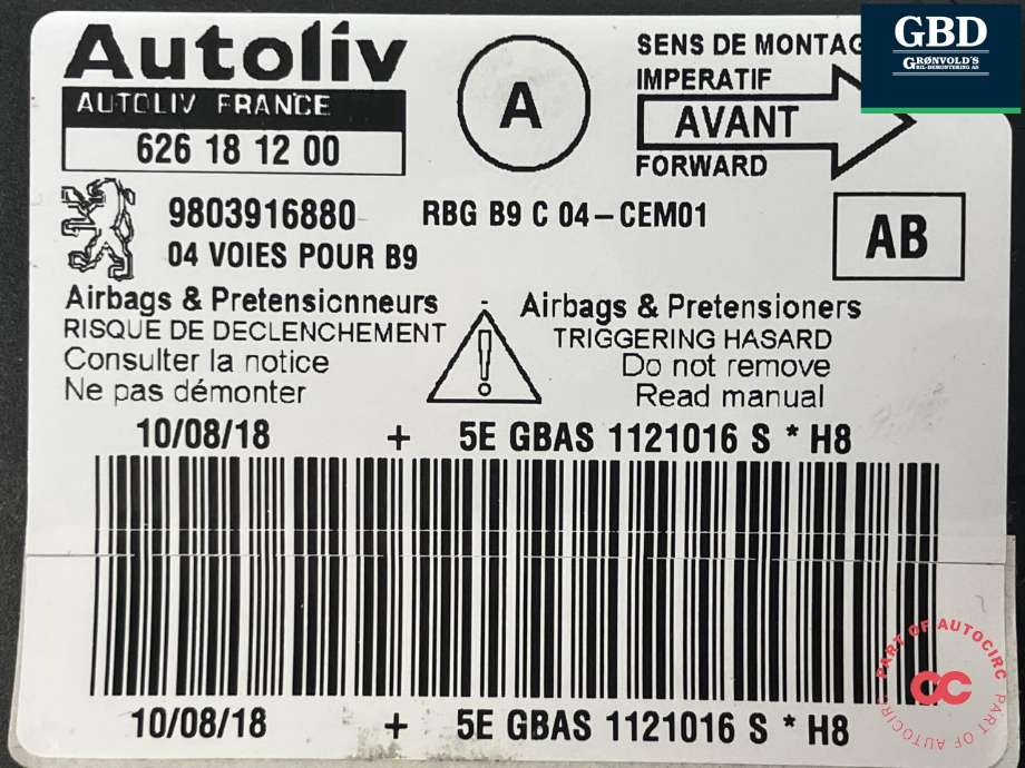 Airbag elektronikk til Citroën Berlingo 2015-2019 (Type II, Fase 2)  (AUTOLIV||9803916880|626 18 12 00)