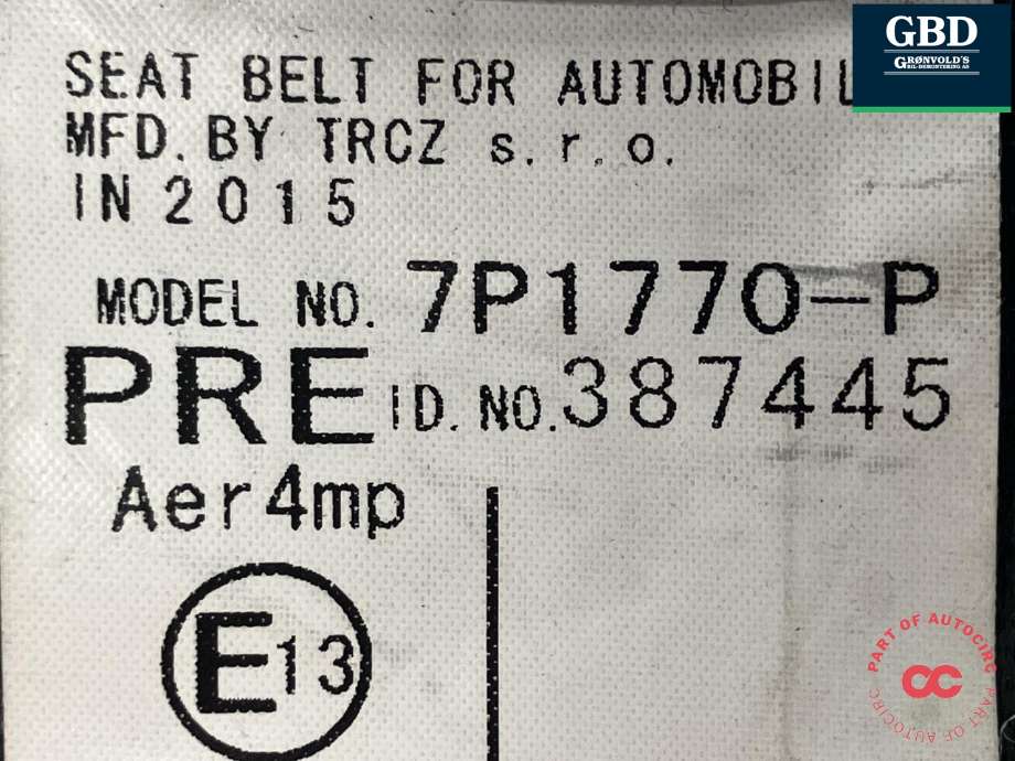 Sikkerhetsbelte foran høyre til Toyota Auris 2015-2019 (Type II, Fase 2) (7321002460C2|7P1770-P|387445)