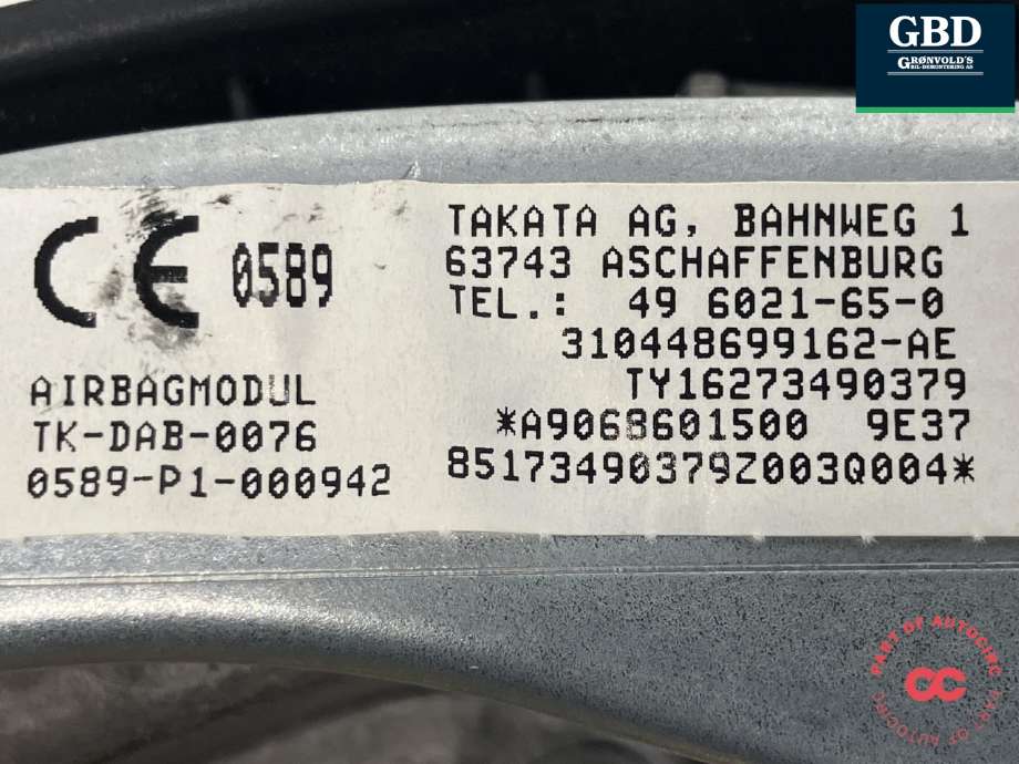 Airbag rattpute til Mercedes Sprinter 2013-2018 (Fase 2) (906) (906) (TAKATA|A 906 860 15 00 26|A 906 860 15 00|0589-P1-000942)