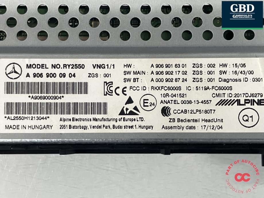 Bilstereo navigasjon til Mercedes Sprinter 2013-2018 (Fase 2) (906) (906) (ALPINE|A 906 900 09 04|A 906 901 63 01|RY2550)