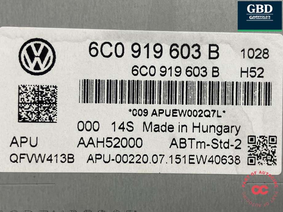 Bilstereo betjeningspanel til VW Polo 2014-2017 (Type V, Fase 2) (|6C0 919 603 B|AAH52000)