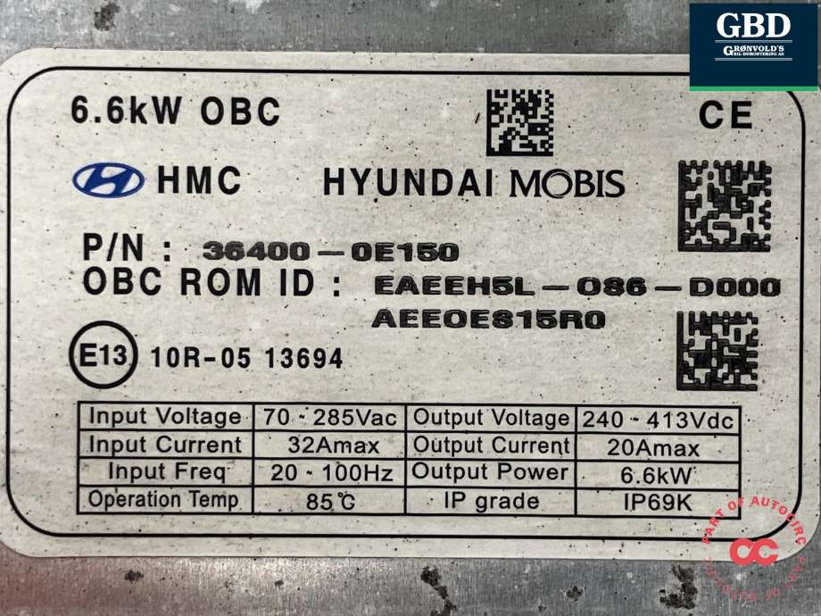 Batterilader (OBC - On Board Charger) til Hyundai Ioniq Electric 2016-2019 (Fase 1) (MOBIS||36400-0E150)