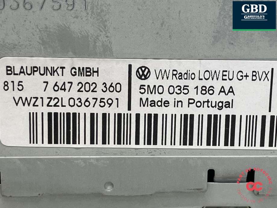 Bilstereo til VW Tiguan 2011-2016 (Type I, Fase 2) (BLAUPUNKT|5M0 057 187 AX|5M0 035 186 AA|7 647 202 360)