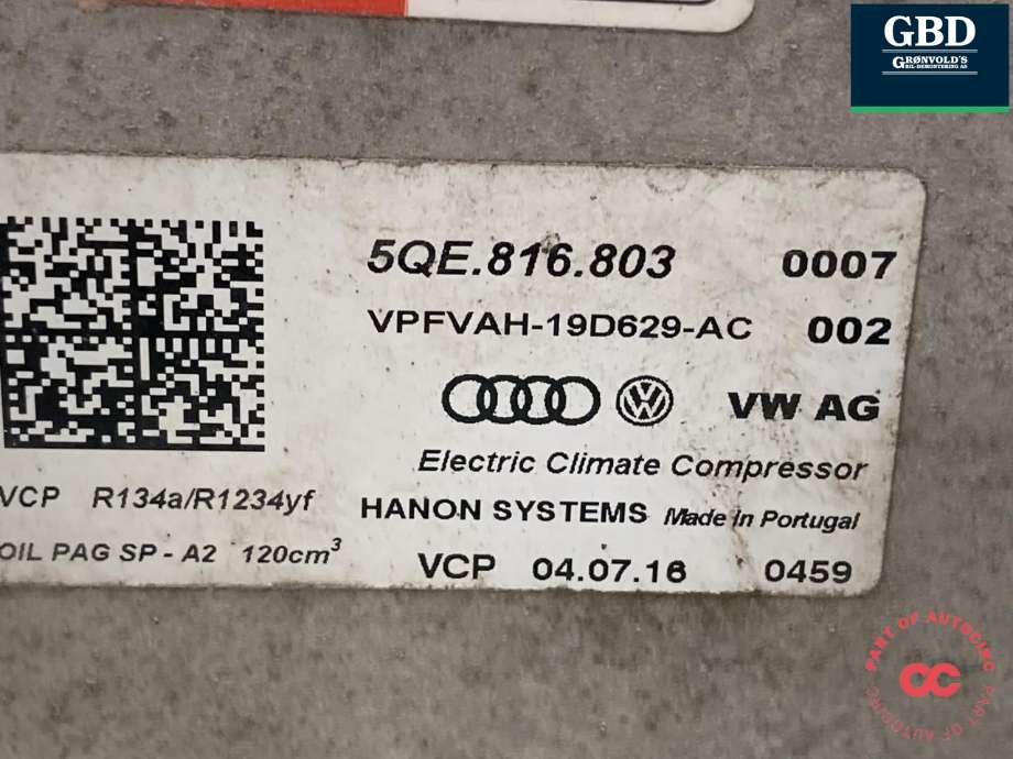 Aircondition kompressor til Audi A3 2016-2020 (Type III, Fase 2)  (5QE 816 803 L|5QE 816 803|)