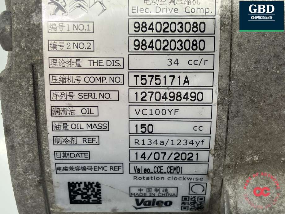 Aircondition kompressor til DS DS7 Crossback 2018-->> (VALEO|98 479 304 80|98 318 249 80|98 402 030 80)