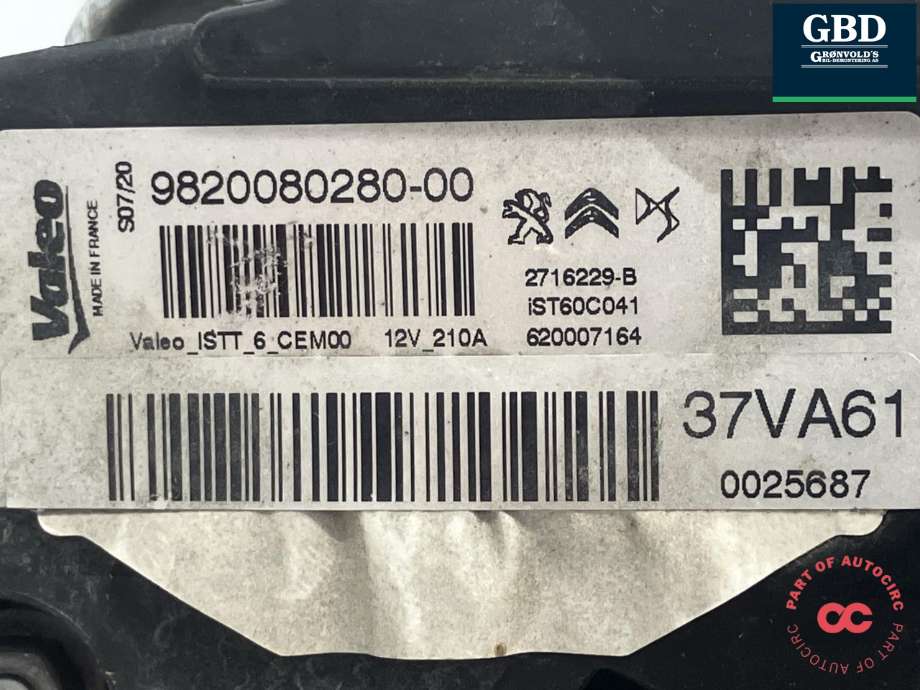 Dynamo til DS DS7 Crossback 2018-->>  (VALEO|98 200 802 80|16 536 687 80|2716229-B)