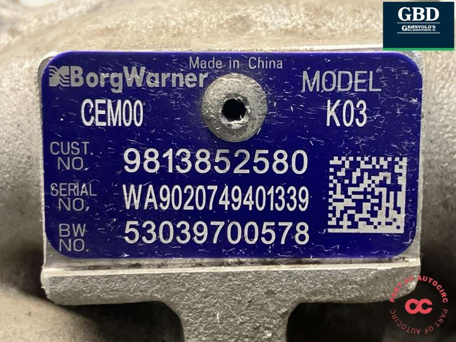 Turbo til DS DS7 Crossback 2018-->> (BORG WARNER|98 138 525 80|16 472 846 80|53039700578)