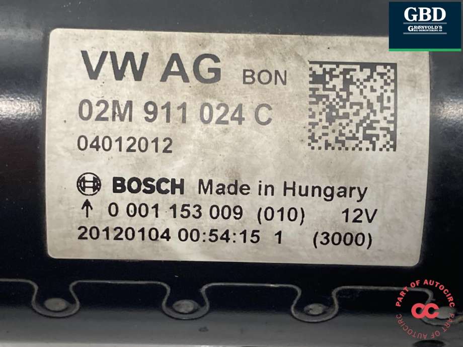 Starter diesel til VW Tiguan 2011-2016 (Type I, Fase 2)  (|02M 911 024 C)