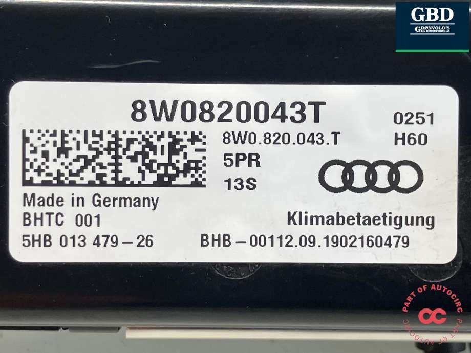 Varmeapparat betjening til Audi A4 2020-->> (Type V, Fase 2) (B9) (B9) (8W0 820 043 BR 5PR|8W0 820 043 T  5PR|)