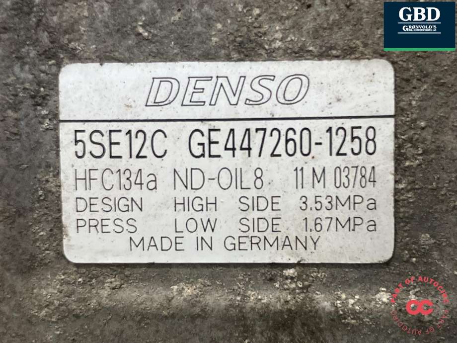 Aircondition kompressor til Toyota Avensis 2009-2015 (Type III, Fase 1) (DENSO|8831002400|GE447260-1258|5SE12C)