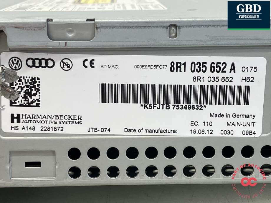 Bilstereo navigasjon til Audi A4 2007-2014 (Type IV) (B8) (B8) (HARMAN||8R1 035 652 A)