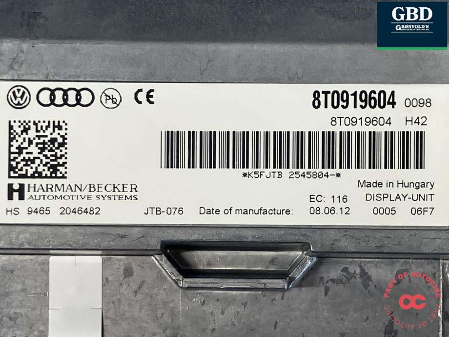 Bilstereo navigasjon skjerm til Audi A4 2007-2014 (Type IV) (B8) (B8) (HARMAN|8T0 919 604 B|8T0 919 604 A|8T0 919 604)