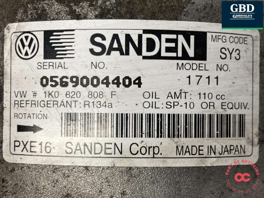 Aircondition kompressor til VW Touran 2010-2015 (Type I, Fase 3) (SANDEN|1K0 820 808 F|)