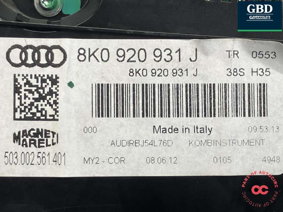 Instrumentpanel til Audi A4 2007-2014 (Type IV) (B8) (B8) (MAGNETI MARELLI|8K0 920 931 J|503.002.561.401|)