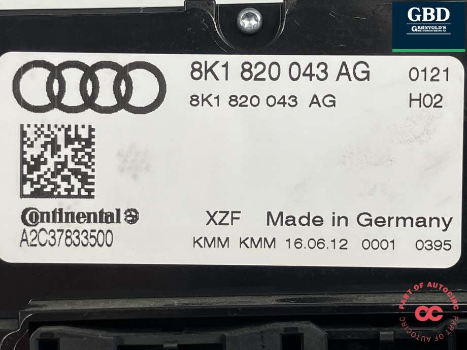 Varmeapparat betjening til Audi A4 2007-2014 (Type IV) (B8) (B8) (CONTINENTAL|8K1 820 043 AT XZF|8K1 820 043 AG XZF|8K1 820 043 AG| A2C37833500)