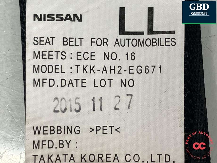 Sikkerhetsbelte foran venstre til Nissan X-Trail 2014-2022 (T32) (T32) (TAKATA||TKK-AH2-EG671|0589-P1-000146)