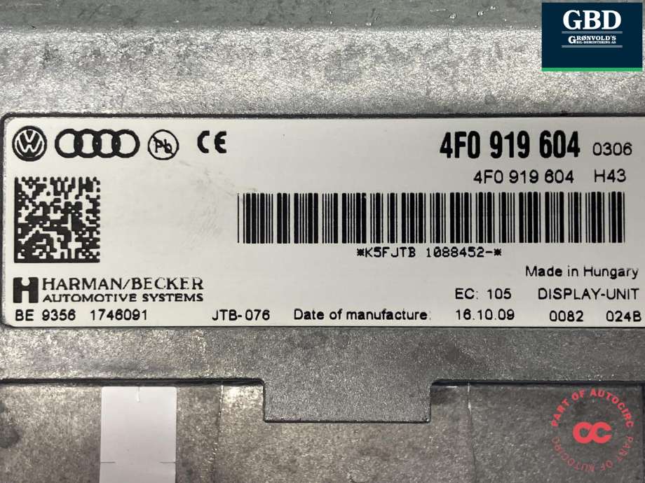 Bilstereo navigasjon skjerm til Audi Q5 2008-2012 (Type I, Fase 1)  (HARMAN|8R0 919 604 A|8R0 919 604|JTB-076)
