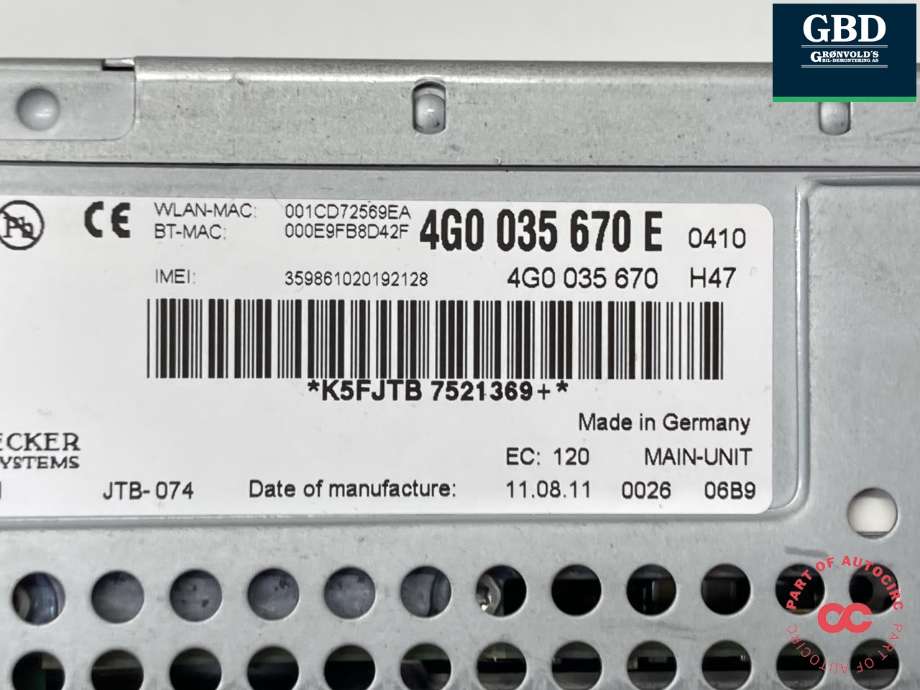 Bilstereo navigasjon til Audi A6 2011-2014 (Type IV, Fase 1) (C7) (C7) (|4G0 035 670 E)