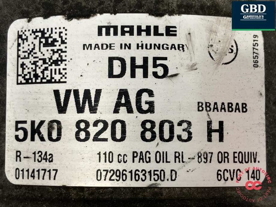 Aircondition kompressor til VW Golf VI 2008-2012 (MAHLE|5K0 820 803 H|)