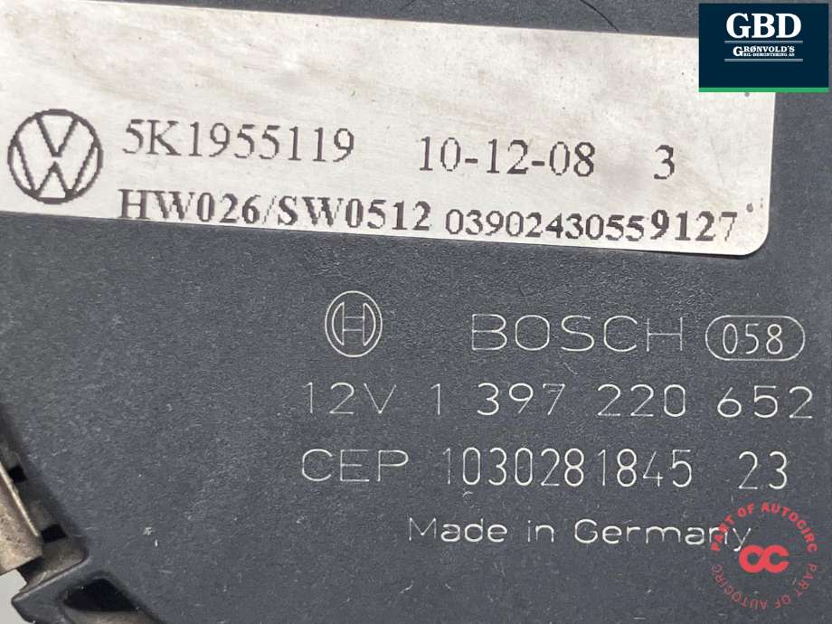 Viskermotor frontrute komplett m/overføring til VW Golf VI 2008-2012  (BOSCH|5K1 955 023|5K1 955 119|)