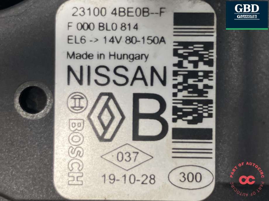 Dynamo til Nissan Qashqai 2014-2021 (Type II)  (BOSCH|23100-4BE0B|F 000 BL0 814|)