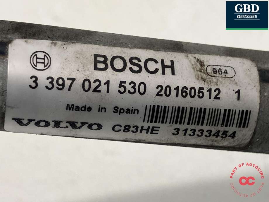 Viskermotor frontrute komplett m/overføring til Volvo XC60 2008-2013 (Type I, Fase 1) (BOSCH|31333454|3 397 021 530| 1 397 220 668|)