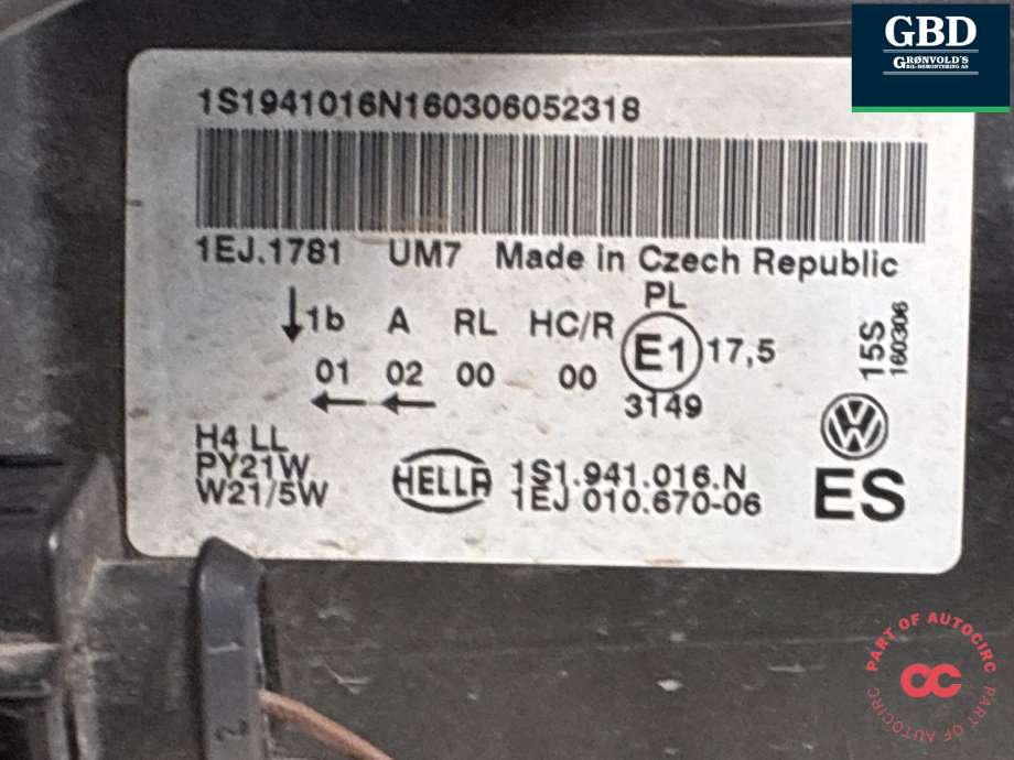 Frontlykt høyre halogen til VW E-Up 2013-2019  (1S1 941 016 N|)
