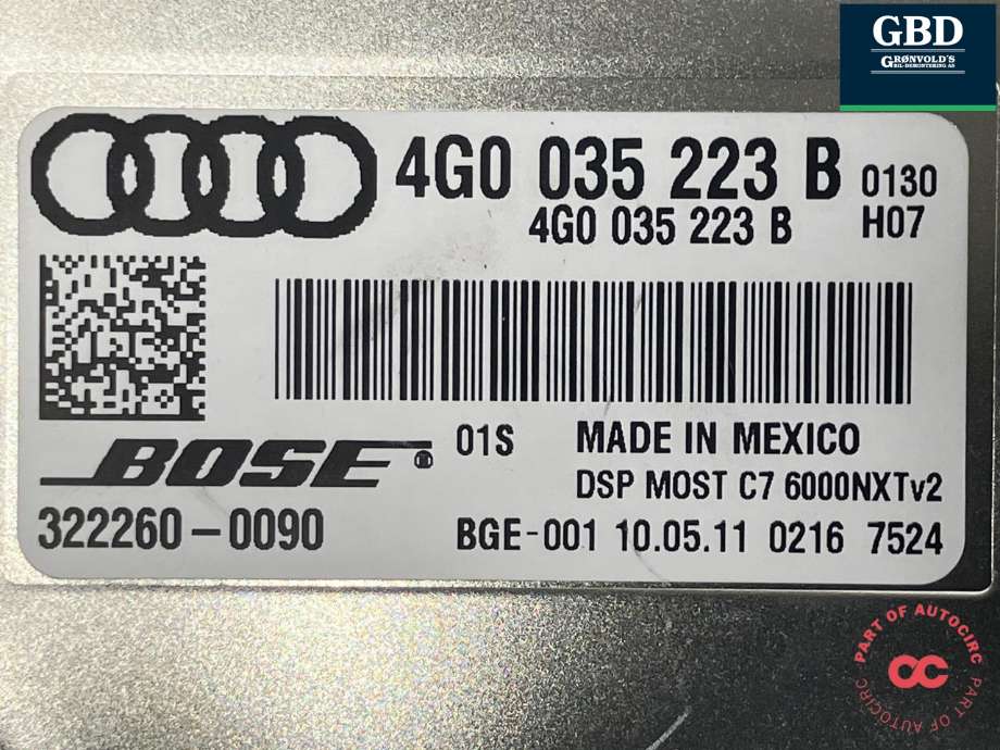 Bilstereo forsterker til Audi A6 2011-2014 (Type IV, Fase 1) (C7) (C7) (BOSE|4G0 035 223 C|)