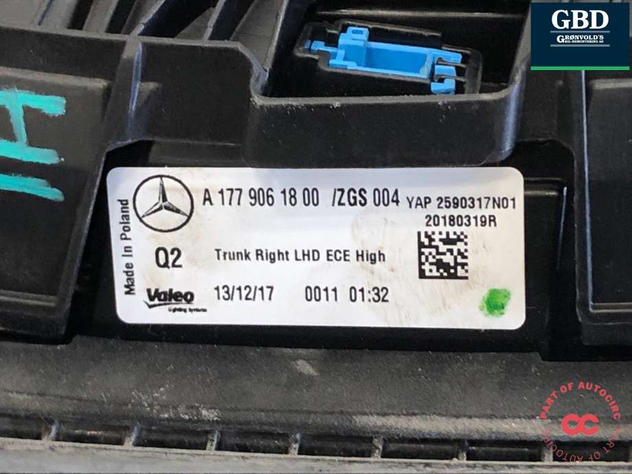 Baklykt høyre indre til Mercedes A-Klasse 2018-->> (W177) (W177) (A 177 906 18 00|)