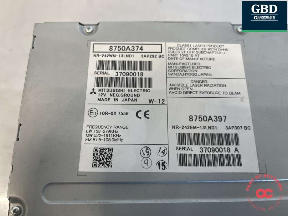 Bilstereo navigasjon til Mitsubishi Outlander 2012-2015 (Type III, Fase 1)  (8750A374|8750A397|)