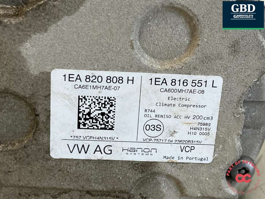 Aircondition kompressor elbil til Škoda Enyaq 2021-->>  (1EA 820 808 H|1EA 816 551 L|)
