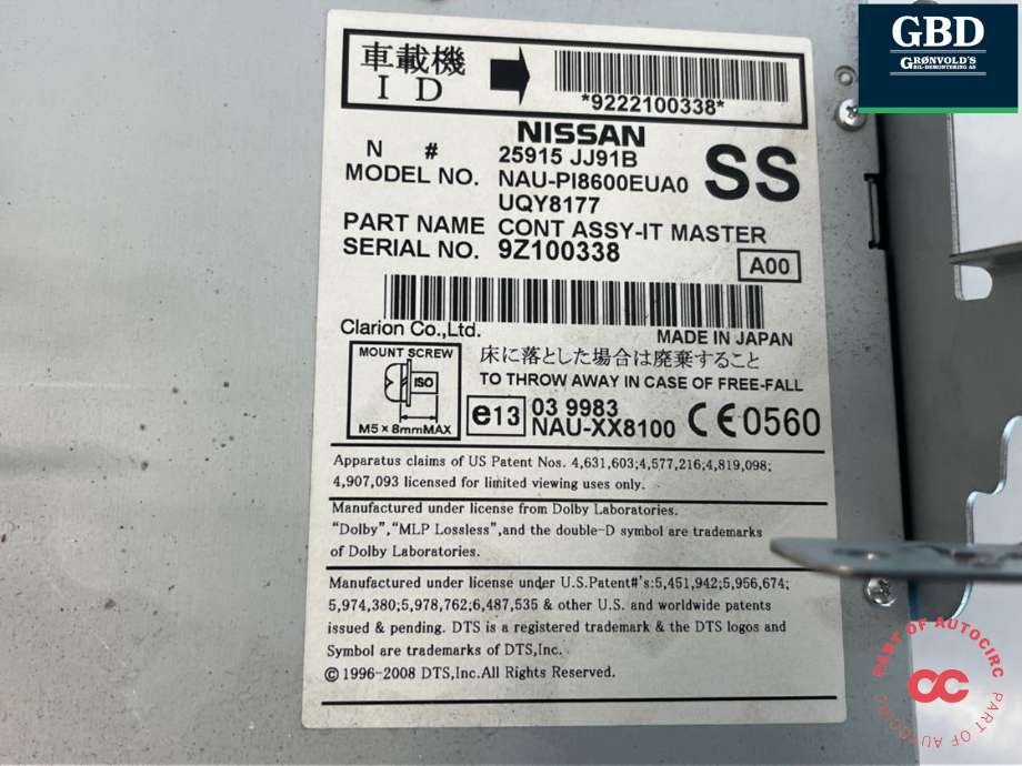 Bilstereo til Nissan 370 Z 2009-->>  (25915JJ91B|25915 J91B|9Z10038| UQY8177)