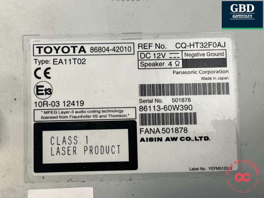 Bilstereo til Toyota RAV4 2013-2015 (Type IV, Fase 1)  (8614042040|86113-60W390|)